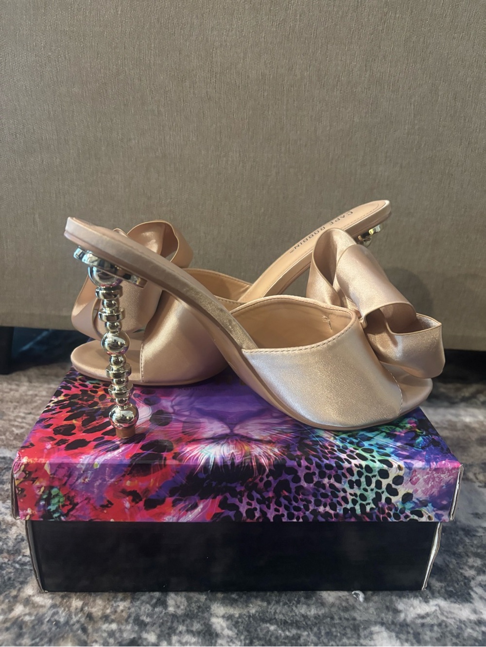 Satin Bow Mule Heels in Champagne with Decorative Beaded Heel